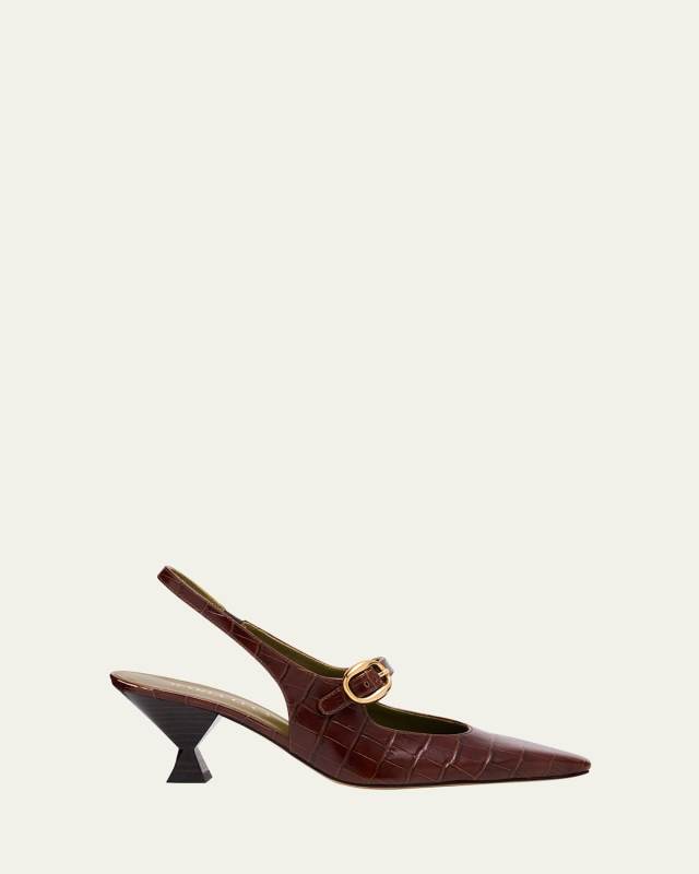 Natalia Croc-Embossed Leather Mary Jane Slingback Pumps